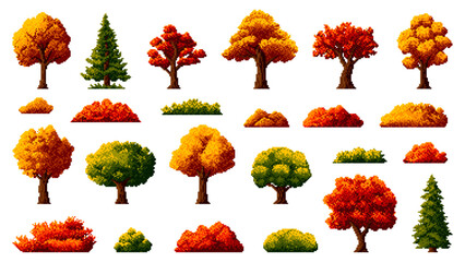8 bit autumn forest pixel trees, retro arcade game asset. Isolated vector set of natural ui or gui landscape plants with bright orange, yellow or red foliage. Coniferous or spruce trees and bushes