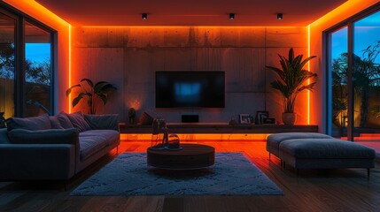 Create a cozy yet modern living room retreat at night with a plush sofa, a large TV, and LED strips
