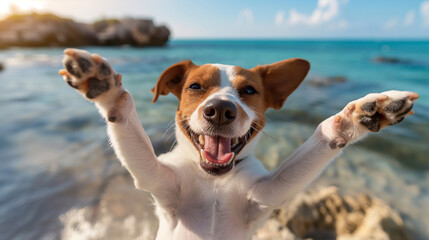 Happy dog on vacation with his paws up in the air