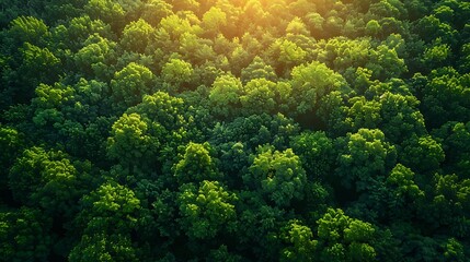 A panoramic view from the top of a towering forest, looking down over a sea of green leaves dappled with sunlight, capturing the peaceful yet intricate patterns of nature’s design.