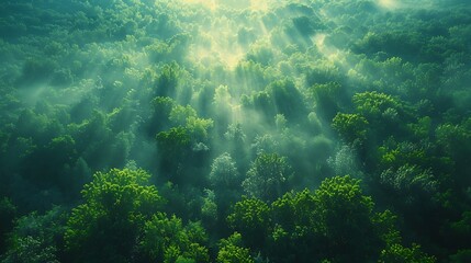 A panoramic view from the top of a towering forest, looking down over a sea of green leaves dappled with sunlight, capturing the peaceful yet intricate patterns of nature’s design. - Powered by Adobe