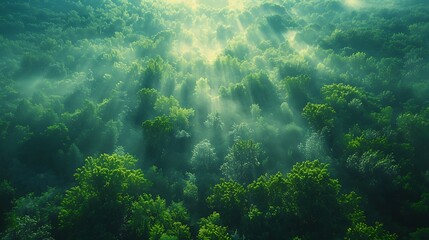 A panoramic view from the top of a towering forest, looking down over a sea of green leaves dappled with sunlight, capturing the peaceful yet intricate patterns of nature’s design.