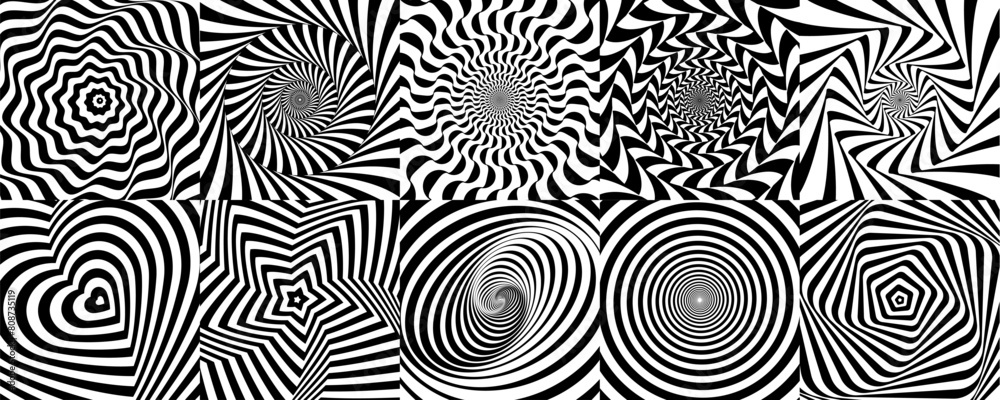 Poster hypnotic spiral pattern and psychedelic hypnosis swirls, vector backgrounds. abstract optical illusi