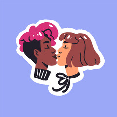 Cute lesbians kiss. Queer lovers, girls are in romantic relationship. Homosexual couple shows love, expresses feelings. Colorful sticker, icon for Pride month. Flat isolated vector illustration