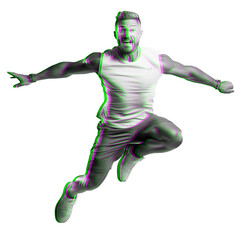 Obraz premium Dobrze zbudowany, młody mężczyzna w sportowym stroju z zarysem mięśni skacze do góry. Kolorowy glitch Przezroczyste tło. 