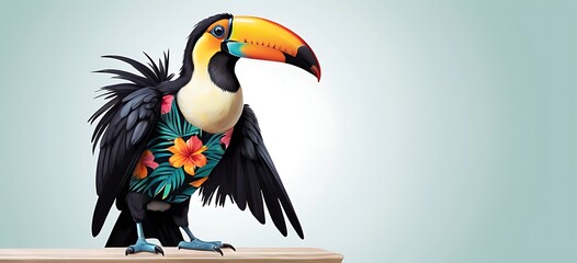 Naklejka premium Tropical Toucan Dressed in a tropical-print romper with sunglasses perched on its beak, this toucan is ready to party by the pool.