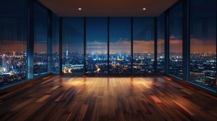 Serene nighttime city view from the interior of an office space with warm lighting and a sense of...