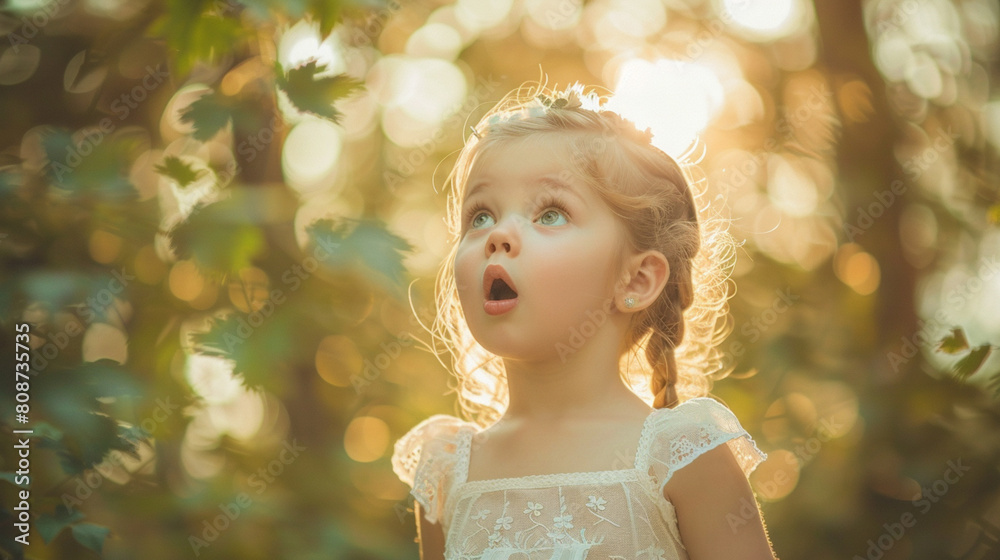 Wall mural A young girl with blonde hair and blue eyes is looking up at the sky