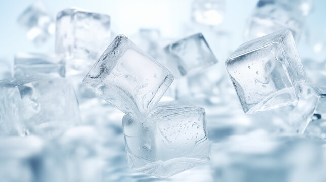 Blue ice cubes with water drops on the surface.	