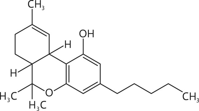 Synthetic drug structure, organic Tetrahydrocannabinol molecule formula. THC substance chemical formula, illegal narcotic biomolecule compound or synthetic drug vector atomic composition