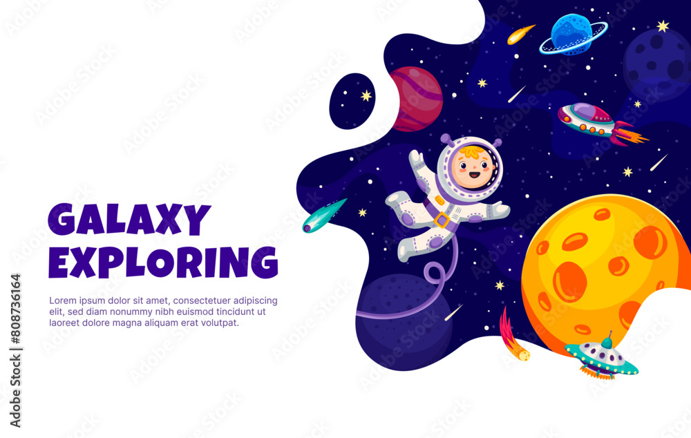 Poster kid astronaut in outer space, galaxy landscape with ufo, spaceship and planets. space exploration, g