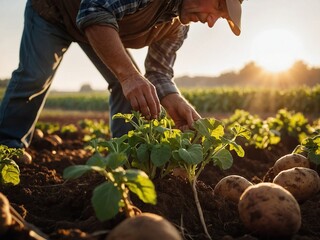 Happy male farmer holding fresh beautiful potato growing in fertile soil on farm bed