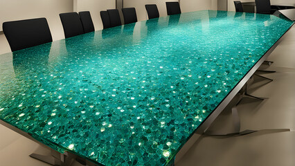 Obraz premium A recycled glass conference table, illuminated by energy-saving LED pendant lights, sustainable office spaces