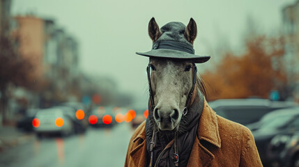Majestic horse strides through city streets adorned in tailored sophistication, embodying street style.
