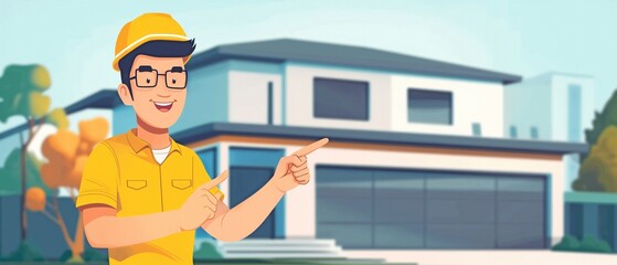 The technician is an Asian man. pointing to a recent residence associated with the architectural profession