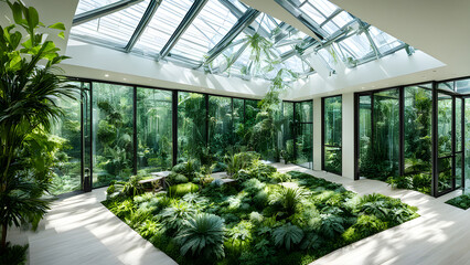 A large interior office space adorned with verdant plants, sustainable office spaces