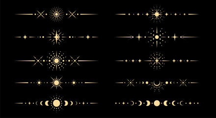 Fantasy celestial borders and dividers. Vector set of lines with mystical esoteric sun, crescent moon and star symbols in boho style. Mystic, astrology, witchcraft space spiritual celestial frames