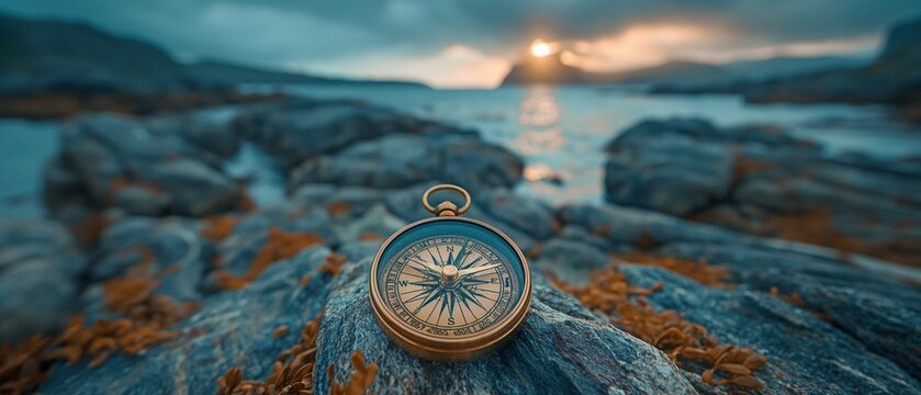 compass on rocks under a cloudy sky