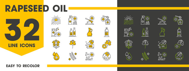 Rapeseed and canola oil line icons of rape flowers and seeds for cooking and industry, vector symbols. Rapeseed or canola oil natural food products of mustard, bio fuel and organic honey or cosmetics