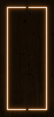 Dark wood wall background, brown neon light and rectangle shape with vertical banner.
