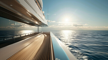This image captures the side view of the deck on a luxurious yacht bathed in sunlight against the backdrop of a vast ocean landscape on a bright, sunny day. The sleek design of the yacht's deck 