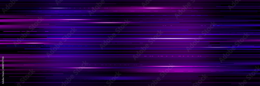 Poster Digital game glitch purple background, TV screen with noise or signal distortion pixel lines, abstract vector. Purple blue glitch effect on digital display or computer monitor bug for game background