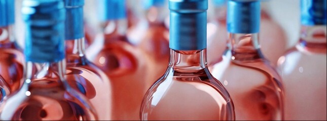 A closeup of the glass bottles on a production line, each filled with rose wine. Craftsmanship, elegant glasses. Modern industrial glass walls, commercial product photography, elegance of pink.