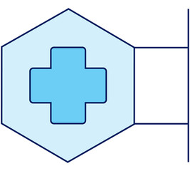 Blue hospital signboard icon with hexagon shape on transparent background and png.