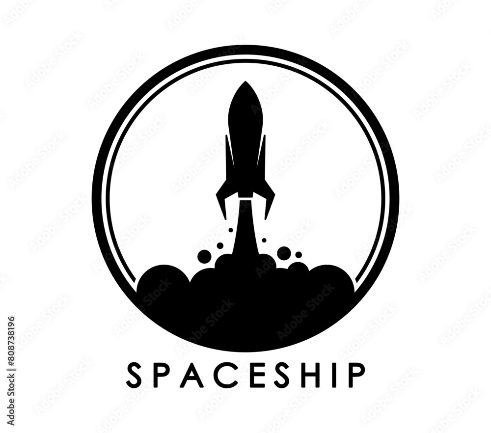 Poster spaceship, space rocket icon. isolated emblem of black spacecraft silhouette launch, ascending with 
