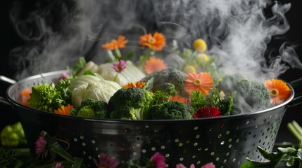 Selective focus The steam vegetables, broccoli, carrots, cabbage, flowers and vegetables in a colander in the dark.