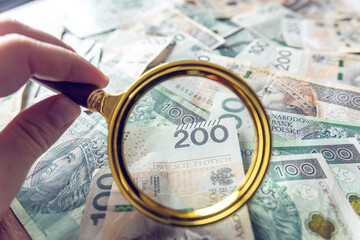   Polish zloty bills and magnifying glass financial investment concept