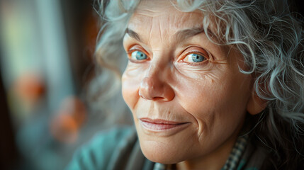 Close-Up Portrait of an Elderly Beautiful Woman with Space for Text