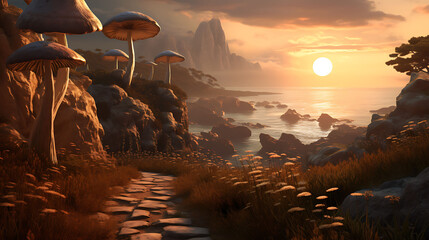 Agaricus mushrooms growing on a sandy path leading to a secluded beach with dramatic cliffs and a...