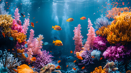 A photo featuring a vibrant coral reef teeming with marine life. Highlighting the colorful fish and...