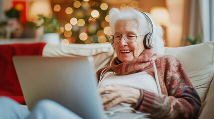 Elderly gray haired Woman Smiling and Looking at Laptop Screen, Communicating via Video Call with Loved Ones