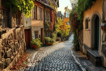 Cobblestone streets of an old European town, Historical cobblestone streets in  European town, Ai...
