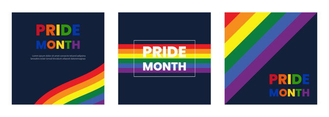 Set of cards for the pride month celebration.Gay Pride Month in June. Collection with LGBT symbols.Social media post, stories, poster template with LGBT rainbow flag.Vector.