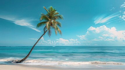 Obraz premium Tropical paradise beach with swaying palm trees and calm turquoise water under a bright summer sky