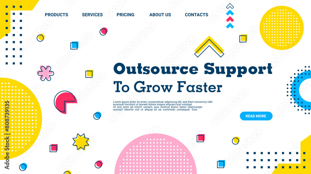 Poster Abstract modern Memphis landing page with geometric shape elements, vector template background. Memphis landing page for website with home menu buttons and minimal shapes or abstract geometric figures