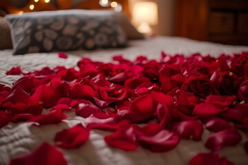 Bed covered with rose petals. Romantic honeymoon luxury bedroom atmosphere. Generate ai