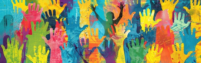 Multicolored hand prints representing unity, diversity, and solidarity cover a wall
