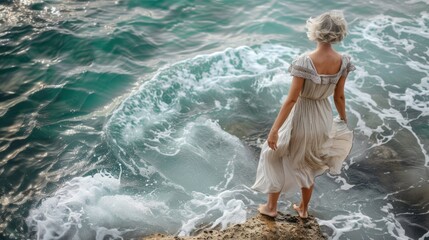 A woman stands on a rock in the ocean, wearing a white dress