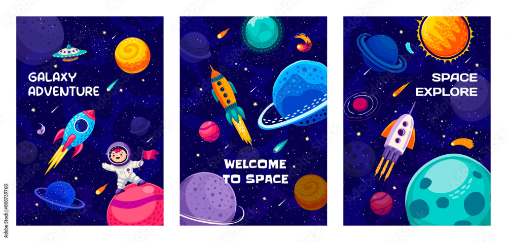 Aufkleber galaxy space posters with kid astronaut, rocket spaceship and planets, cartoon vector. kid spaceman 