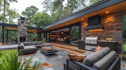 Imagine a cheerful gathering as the family hosts a barbecue on the patio connected to the modern kitchen, grilling burgers