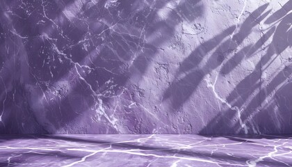 purple marble wall with white crack with shadow on the floor, empty space for product presentation, abstract background