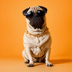 Pug dog wear sunglasses on orange background.