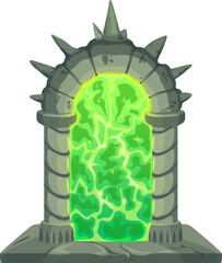 Fantasy fairytale game magic portal door. Cartoon vector mystical tunnel with green energy plasma light framed in stone arch with twisting columns and thorns. time-travel gate, doorway and gateway - obrazy, fototapety, plakaty