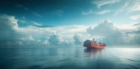 A cargo ship loaded with containers sails in the ocean against a blue sky and clouds.