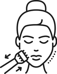 Face care cosmetology and mesotherapy, skin health, skincare mesoscooter linear icon. Face skin health, skincare cosmetics and facial treatment line vector pictogram with woman using mesoscooter