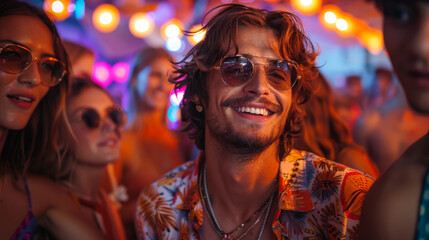 Obraz premium Portrait of a young man having fun at an evening party, at a retro disco. Cheerful man relaxing at a party wearing glasses. Fun, weekend concept.